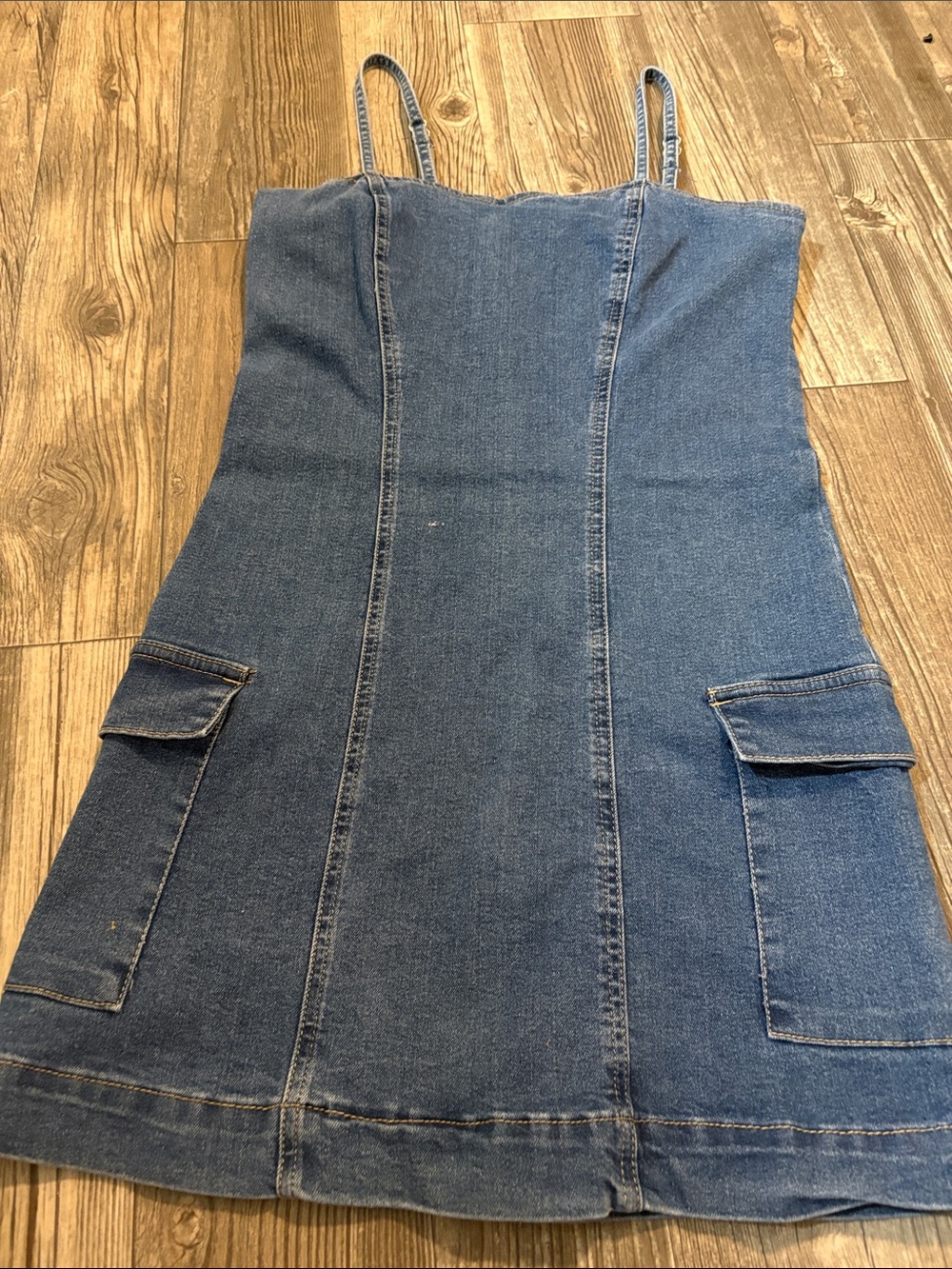 Celebrity Pink Medium Blue Denim Mini Dress with Cargo Pockets